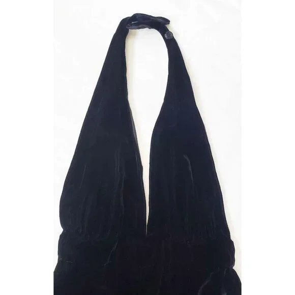 Mindy Malone Womens Rare Vintage 1970s Black Velvet Halter Wide Leg Jumpsuit
